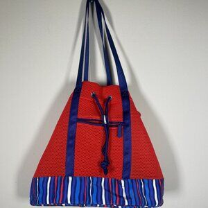 Vera Bradley Orange Cobalt Stripe Mesh Drawstring Tote Beach Bag Red White Blue!